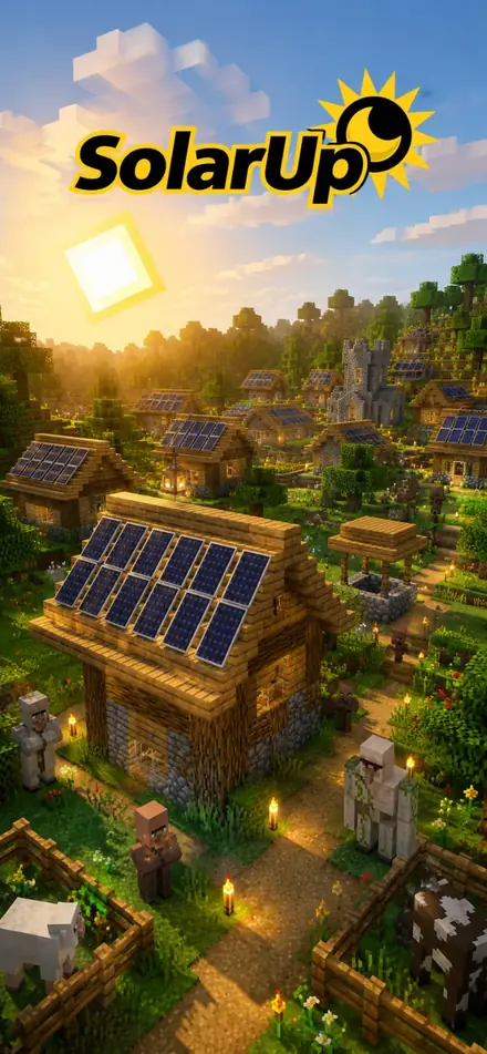 Ilustración de una aldea con paneles solares en todos los techos