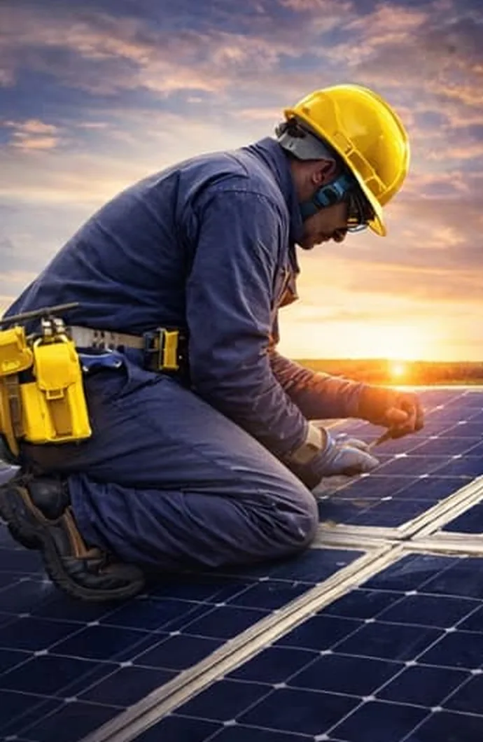 Técnico de SolarUp instalando paneles solares sobre una cubierta al atardecer